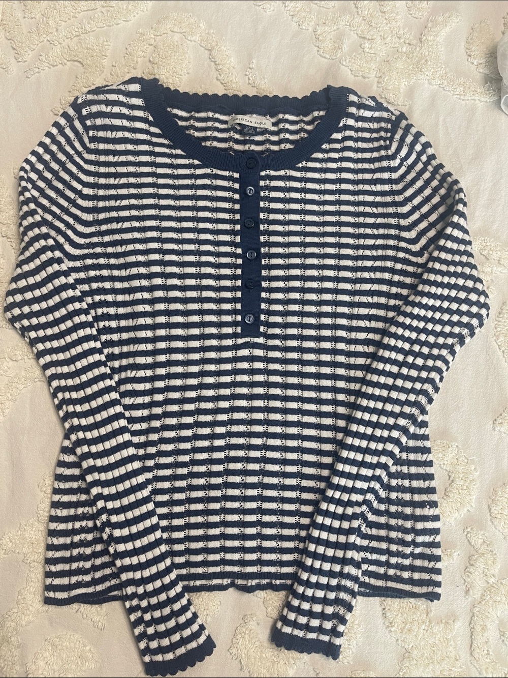 American Eagle Outfitters Navy & White Striped Henley Crew Sweater